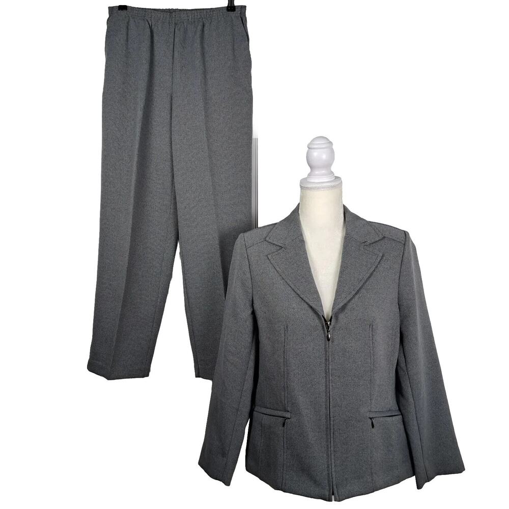 Southern Lady Pant Suit Womens 8 Petite 8P Gray Pull On Slacks Zip Blazer Jacket